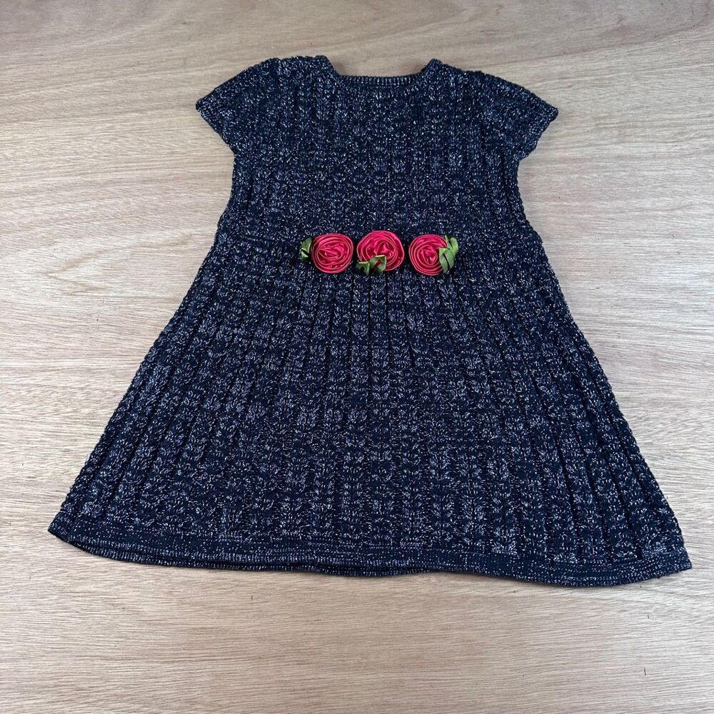 Wonder Kids Girls Sweater Dress Black Silver Knit Rosette Detail Short Sleeve 4T